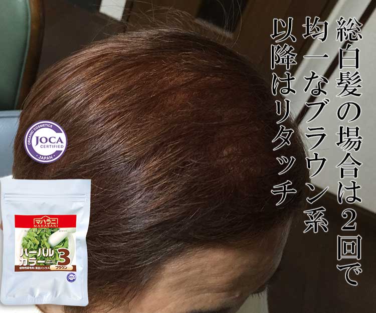 ハーバルカラー３ブラウンの染まり例